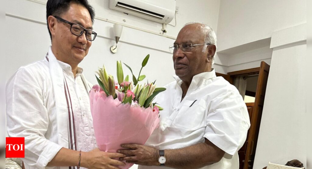 ‘Together, we all will work for the nation’: Union minister Kiren Rijiju meets Congress president Mallikarjun Kharge | India News – Times of India